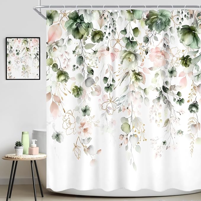 Green Pink Floral Spring Summer Rustic Bathroom Shower Curtain Set | 72"W x 72"L Flower Eucalyptus look, waterproof HD printed shower curtain, quick-dry fabric and free hooks.