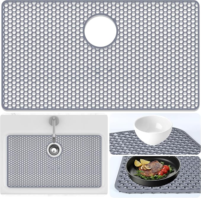 Sink Protectors Mat - 29.7"x15.5"Kitchen Sink Pad for Bottom of Basin for Protection of Stainless Steel and Tableware, Farmhouse Rubber Basin Mat Protector with Rear Drain - Light Gray