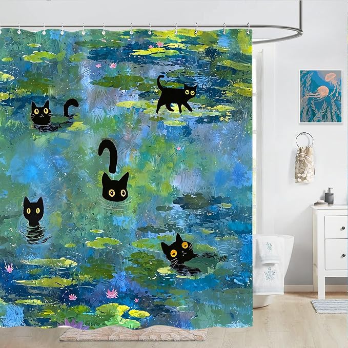 Accnicc Cute Cat Shower Curtain 84 Inch Extra Long Funny Fun Cool Cats Monet Shower Curtains for Bathroom Water Lilies Waterproof Fabric Bath Curtain Decor