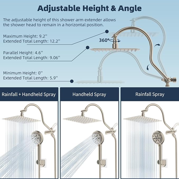 Hibbent All Metal CUPC Certified Shower Head, 8'' High Pressure Rainfall Shower Head, Handheld Showerhead Combo, 12'' Adjustable Extension Arm, 10 Sprays, 71'' Hose, Showerhead Holder, Brushed Nickel