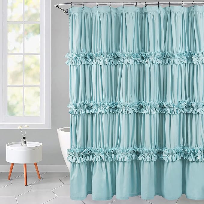 Spa Blue Ruffle Shower Curtain with 12 Buttonholes | Vintage Handcrafted Bow Tie Bath Curtain for Master Bathroom, Ruched Microfiber Bathroom Curtain, 72" W x 72" H (LQ-10)