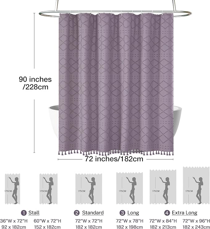 Siiluminisoy Extra Long Boho Shower Curtain with Tassels 72 x 90, Purple