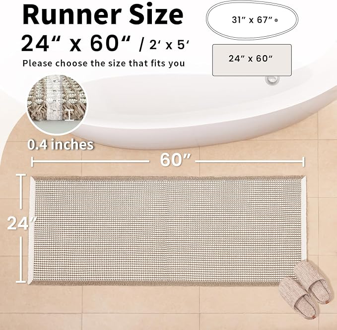 Long Bath Mat, Waffle Bathroom Runner Rug Non Slip Washable, 24 x 60 | Super Absorbent, Quick Dry Bath Runner, Soft Waffle Weave, Boho Farmhouse Bathroom Decor in Khaki and White for Sink or Tub.