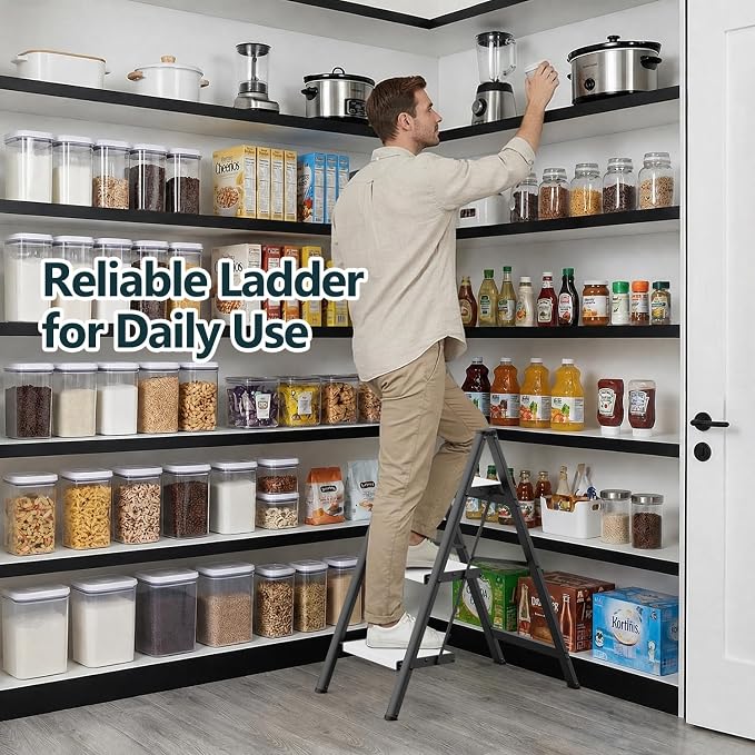 3 Step Foldable Step Stool, 300lbs Load, Black & White | Folded 35''H x 3''T; Net 9.9 lbs; Non-Slip Feet: Wood/Tile/Carpet; Rigid Aluminum Steps; No Assembly; Ready From Box.
