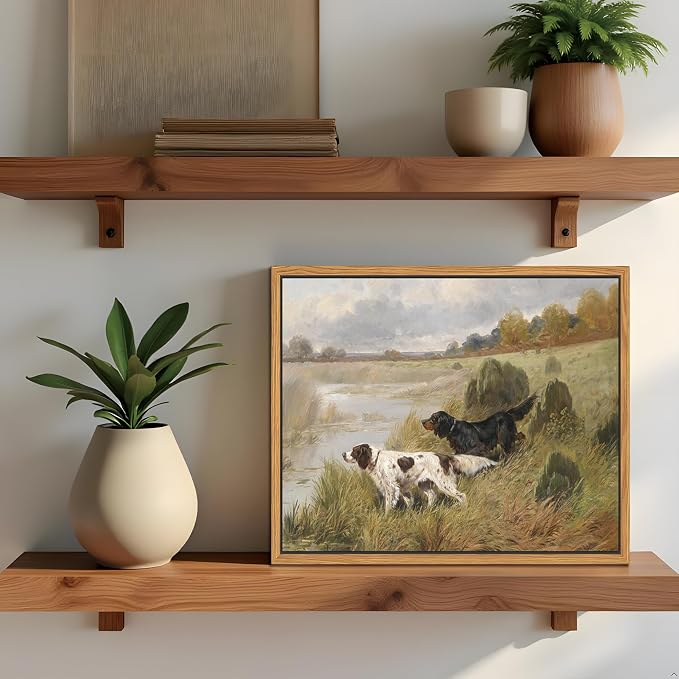 Floating Framed Vintage Hunting Dog Wall Art, Classic Countryside Landscape Canvas Print, English Setter and Gordon Setter Painting, Rustic Farmhouse Wall Decor for Living Room Study Office 8X10 inch