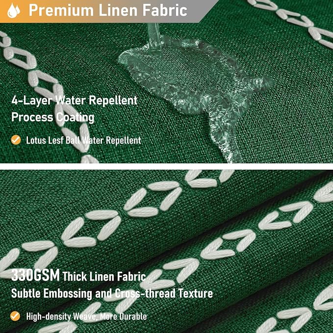 Emerald Green Boho Farmhouse Linen Heavy Duty Shower Curtain, 72x72 | 330GSM Linen Blend, Water Repellent, Vintage Striped Fabric, 12 Plastic Hooks, Rustic Country, Machine Washable, for Bathroom