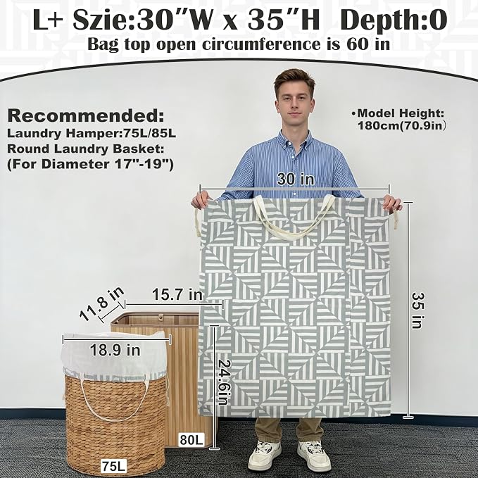 Canvas Laundry Bag with Handles & Drawstring 30"Wx35"H, L+ Geometry Gray | Thick Canvas Storage Bag, Large Heavy Duty Washable Dirty Clothes Travel Sack, for Camp, College Dorm, Laundromat, 1 Pack