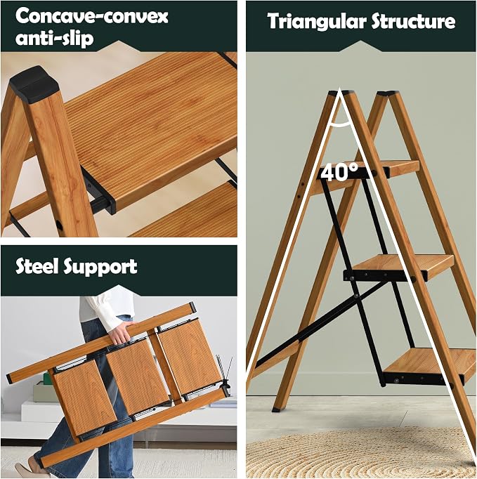 Taranta 3 Step Stool Foldable,Aluminum Step Ladder-Woodgrain | Lightweight,Wide Anti-Slip Pedals,Folding Step Stool,330lbs Capacity Stepladder for Household,Kitchen,Office
