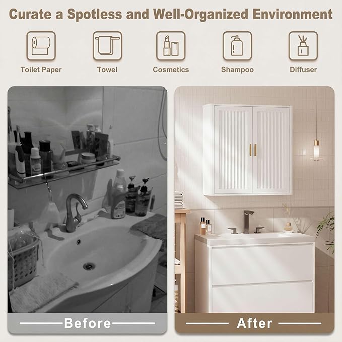 Bathroom Storage Cabinet, Over The Toilet Storage Cabinet, Medicine Cabinet with Adjustable Wood Shelf & Doors for Laundry Room & Kitchen & Living Room(White)