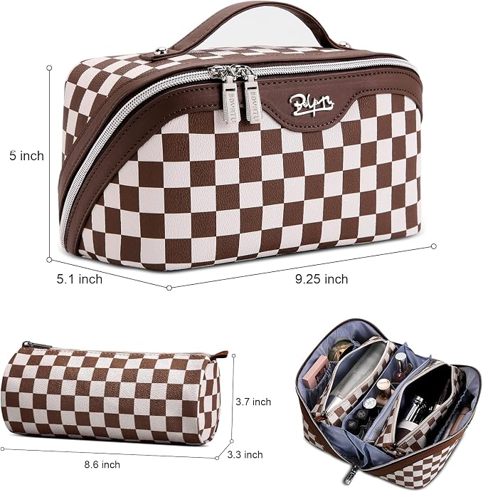 BOYATU Travel Makeup Bag Organizer Cosmetic Bag: 3 Pcs Set Make up Bags for Women with Handle - Waterproof Vegan Leather Toiletry Bag (01-G-Coffee)