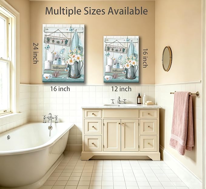 XcwDt is Teal Farmhouse Bathroom Canvas Wall Art,Rustic Daisy Butterfly Bathroom Wall Decor,Vintage Wash Your Hands Painting Print,for Toilet Powder Rooms Laundry Rooms Home Decoration 12 in X 16 in