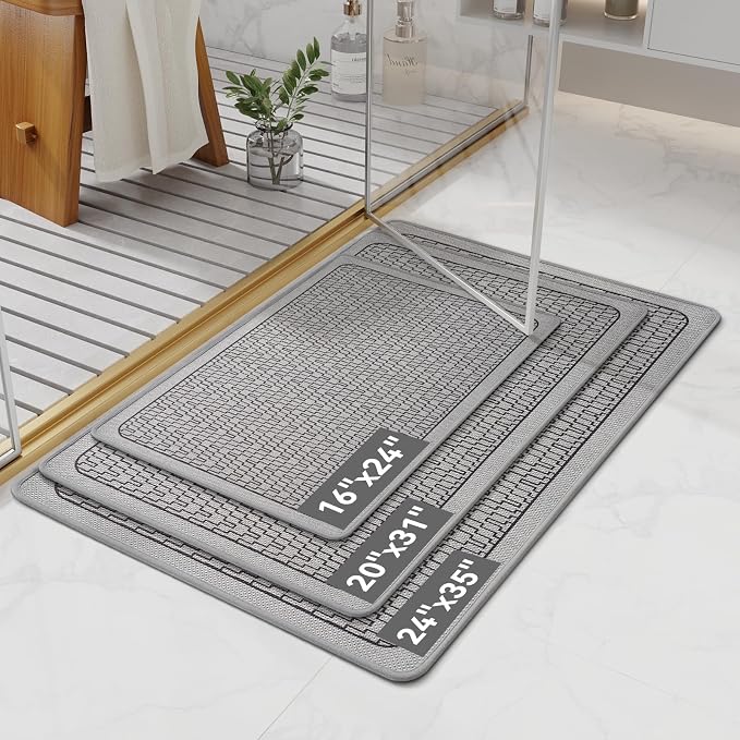 Non Slip Bath Mat, Thin Bathroom Rugs Fit Under Door, Grey 16x24 | Quick Dry Absorbent, Rubber Backing Washable Bathmat, Shower Mat for Bathroom Floor, Tub and Outside Shower, Home Decor