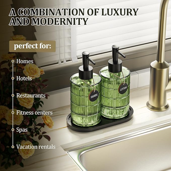 Green Glass Soap and Lotion Dispenser Set with Tray by Brighter Barns - Liquid Hand Soap Dispenser and Pump - Bamboo Bathroom Accessories & Modern Bathroom Decor (Green)