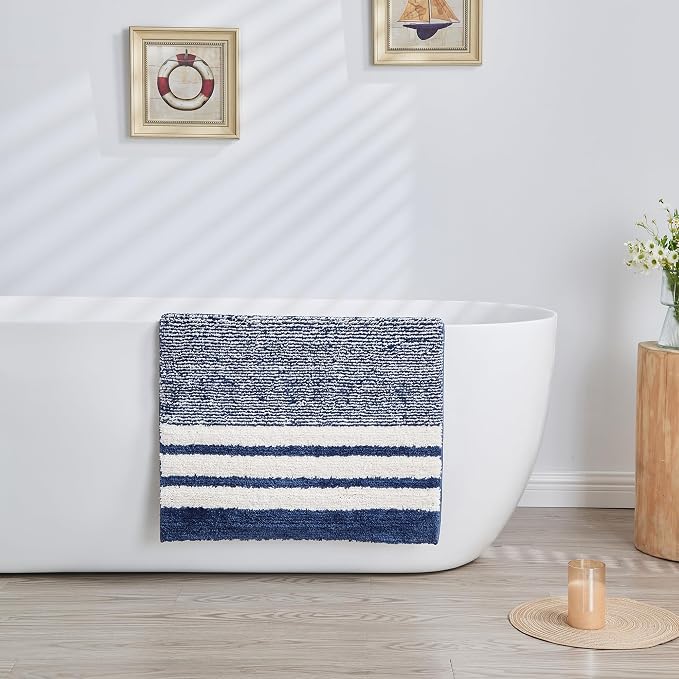 CozeCube Navy Blue Striped 36"x24" Non Slip Washable Bath Mat | For Bathroom, Fluffy Absorbent Microfiber Bath Mats Machine Wash, Stylish Large Aesthetic Bathroom Rugs