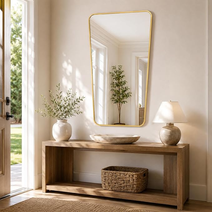 Brushed Gold Tapered Rounded Rectangle Bathroom Mirror, 24x36 Inch | Aluminum alloy frame, soft trapezoid shape, tempered glass, reversible vertical keyhole mount