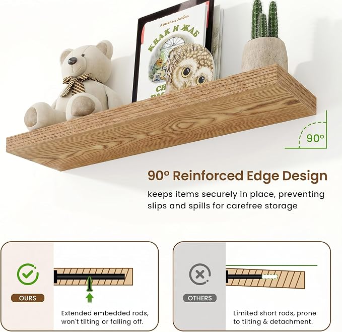 9.25in Depth 36in Floating Shelves, 36x9.25x1.4,Light Brown, Set of 2 | Wall Mounted Engineered Wood Shelves, Invisible Brackets for Living Room, Bedroom, Bathroom, Kitchen Decor and Storage