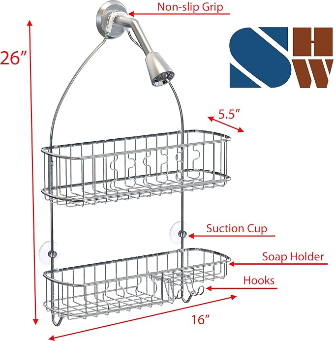 Simple Houseware Hanging Shower Head Caddy Organizer, 26 x 16, Chrome | (26 x 16 x 5.5 inches)