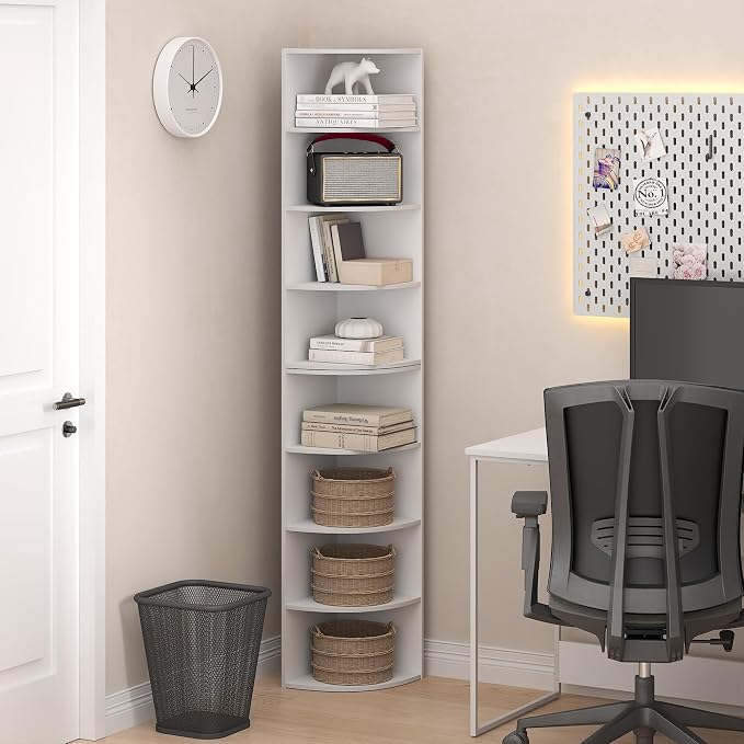 Furinno ECON Corner Shelf, 8-Tier Corner Book Shelf, Storage Shelves, Display Rack, Bookshelf, for Organization and Storage, Living Room, Home Office, White