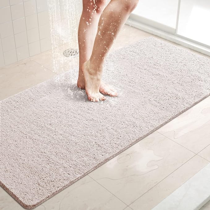 LuxStep Shower Mat Bathtub Mat Non-Slip Bath Mat with Drain, Quick Drying | 47x16 inch PVC Loofah Bathmat for Tub,Shower,Bathroom,White