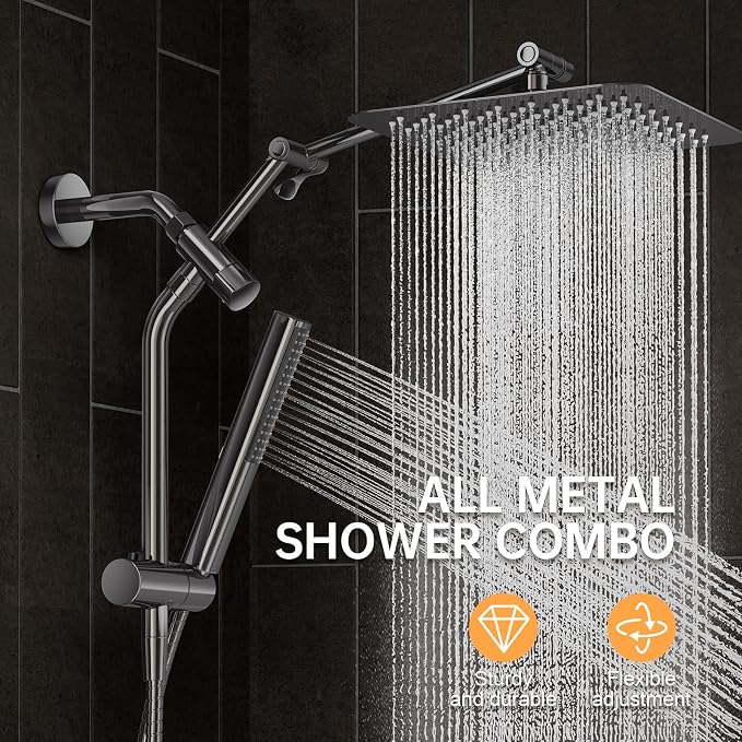 Veken All Metal 10" Luxurious Gray Rain Shower Heads with Handheld Spray | Dual High Pressure Shower Head,Square Detachable Rainfall Showerhead with Extension Arm,Regaderas Para Shower,Ducha Para Baño