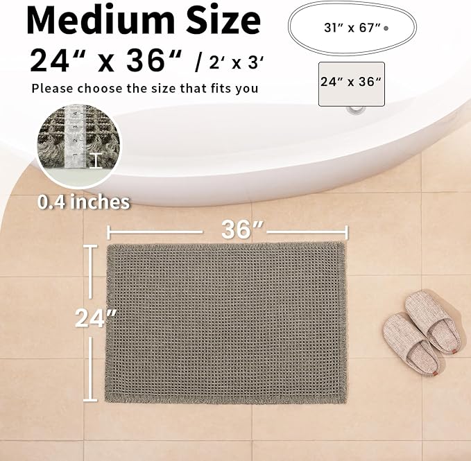 Waffle Bath Mat, Boho Bathroom Rugs Non Slip Washable, 24" x 36" | Super Absorbent Quick Dry Bath Mat, Boho Bathroom Mats, Soft Waffle Weave Farmhouse Bathroom Decor, Olive Green