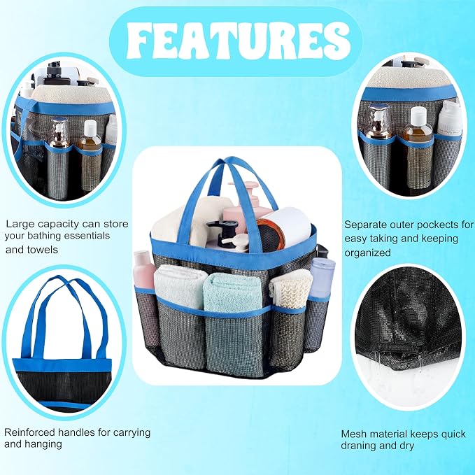 Mesh Shower Caddy Portable - 9 Pockets, Shower Bag for Dorm Room Camping | 2 Handle Quick Dry Shower Bag College Dorm Room Essentials Large Capacity Hanging Basket for Bathroom Travel Swimming Gym