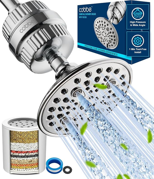 Cobbe 6 Spray High Pressure Filtered Shower Head for Hard Water Combo | Rain Showerheads with 20 Stage Water Softener for Healthier Skin & Hair Remove Chlorine and Harmful Substances, Chrome