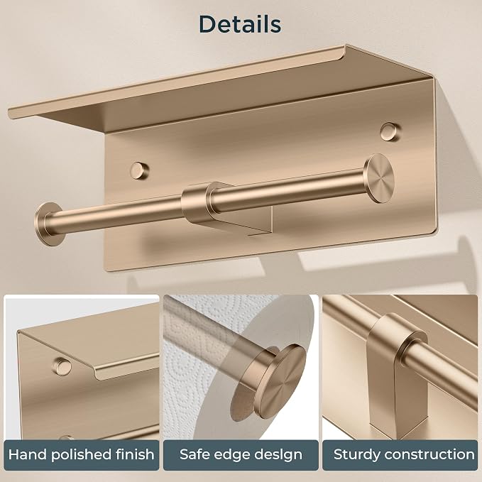 FORIOUS Toilet Paper Holder with Shelf, Commercial Toilet Paper Dispensers | Champagne Gold | Wall Mount Bathroom Tissue Holder | SUS304 Stainless Steel Rustproof | Double Tissue Roll Holder