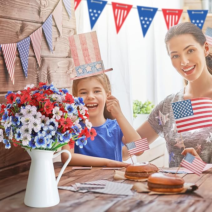 AGIRL Artificial Flowers Outdoor Fake Plants for 4th of July Garden Decor | 24 Bundles,Red White Blue,No Fade Plastic Faux Flowers,Memorial Day Independence Day Patriotic Grave Cemetery Decor