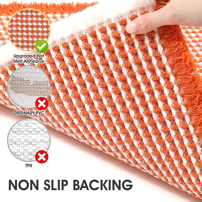 Waffle Bath Mat Orange & Cream 5'x2', Boho Woven Modern Bath Mat Rugs, Absorbent Non Slip Bathroom Rugs, Soft Washable Bath Rugs with Tassels for Bathroom, Bedroom, Kitchen, Shower, Tub