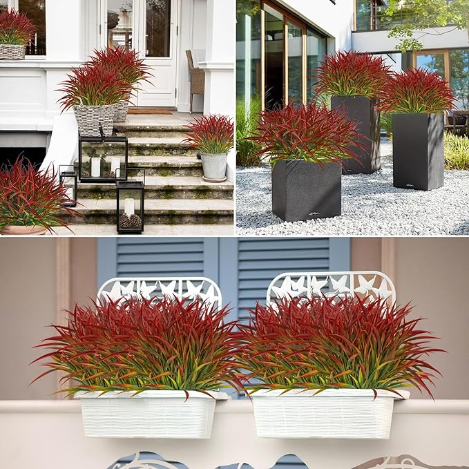 16 Pcs Artificial Plants Outdoor Fake Fall Greenery Stems, Red | Faux grass, UV resistant, plastic plants shrubs, autumn Thanksgiving garden pathway window farmhouse front porch home decor
