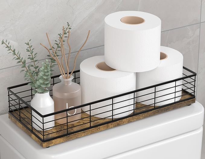 Toilet Paper Storage Basket, 16" Large Wood Toilet Paper Basket | Wooden Toilet Tank Tray for Back of Toilet, Narrow Bathroom Countertop Organizer Iron Metal Frame Decor Black & Vintage Brown