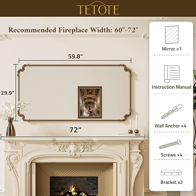Vintage Antique Gold Rectangle Mirror for Mantle Fireplace 60 x 30 Traditional Baroque Ornate Scroll Wall Mirror with Metal Frame for Living Room Bedroom, Horizontal/Vertical
