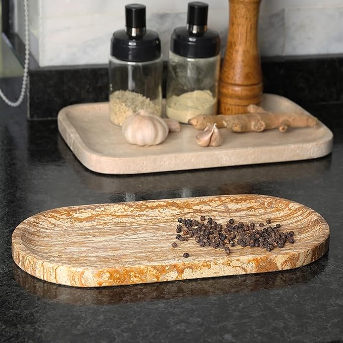 Turkish Natural Marble Tray, 12"x6" Vanity Decorative Tray for Countertop Organizer, Catchall Tray for Perfume, Candles, Jewelry Dish