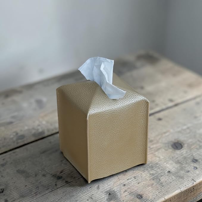 Premium PU Leather Tissue Box Holder - Elegant Hotel-Style Tissue Box Cover for Home, Office & Car Décor, Tissues Cube Organizer for a Natural & Classic Look (Gold 2 Pack)