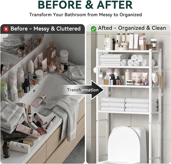 GloTika 4-Tier Over The Toilet Storage Shelves, White | 200lb Total Capacity, Metal Bathroom Organizer with 36" Clearance, Includes Paper Holder & 4 Hooks, Suit for Small Space