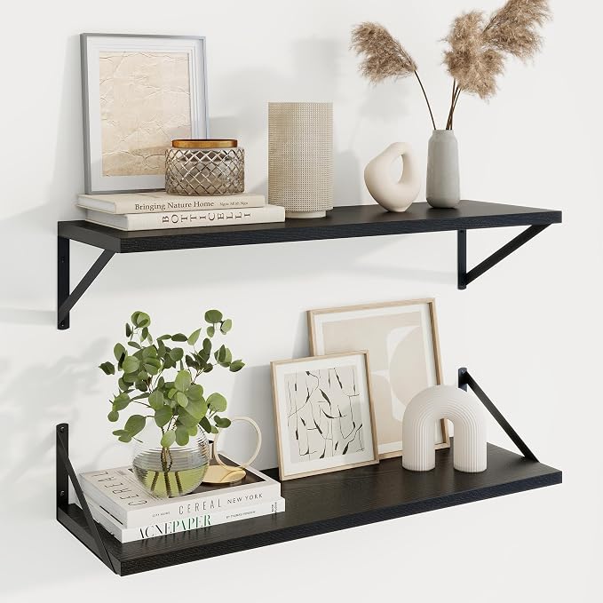 30 Inch Floating Shelves, 10 Inch Deep Black Wall Shelves Set of 2 | 30'' x 10'' Rustic Wood Shelves with Heavy Duty Brackets, Deep Shelves for Bathroom, Living Room, Engineered Wood, 40LBS
