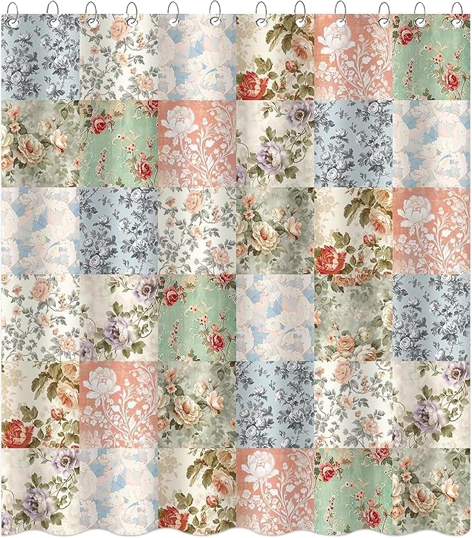 Shower Curtains for Bathroom, Boho Shower Curtain, Vintage Boho Pink Floral Bathroom Decor Bath Curtain, Mid Century Waterproof Retro Farmhouse Patchwork Floral Shower Curtain, 72 X 84 Inches