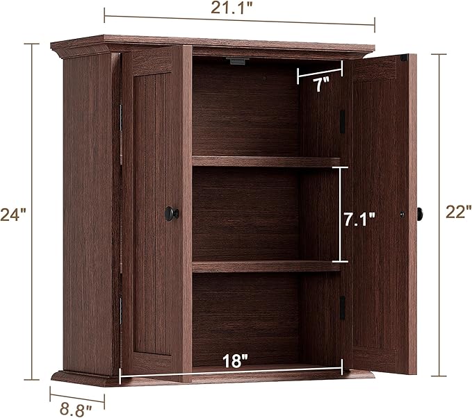 ChooChoo Bathroom Wall Cabinet with 2 Doors, Over The Toilet, Farmhouse | 8.8"D x 21.1"W x 24"H, Medicine Cabinet, Adjustable Shelves, Cupboard, Walnut