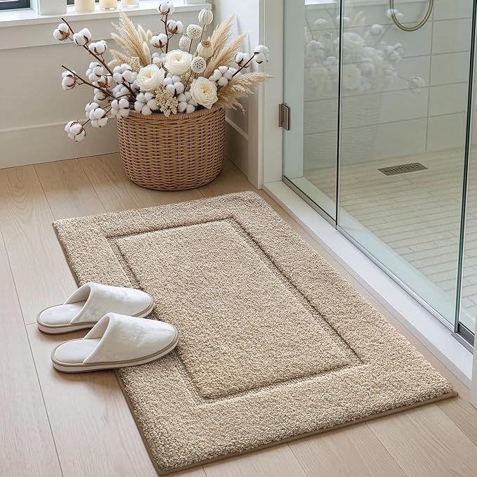 DEXI Bath Mat 36x24, Absorbent and Non Slip Bathroom Rugs, Beige | Soft Plush Microfiber Bathmat, Machine Washable & Quick Dry, Rubber Back Rug for Shower, Tub, Sink