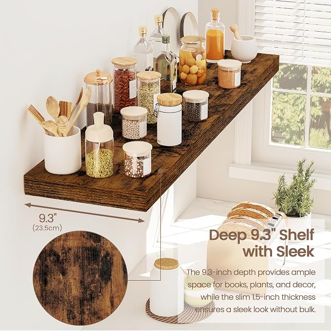 Vivelove Floating Shelves 9 inch Deep 36”Long Set of 2, Rustic Brown | Easy Install With Hardware, 1.5" Thick, Invisible Brackets, Wall Mounted, No Sagging, For Any Room