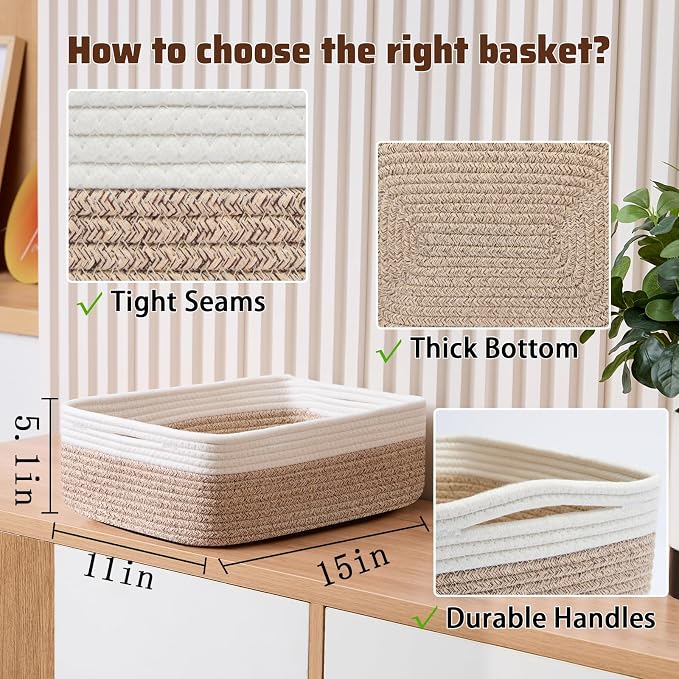 MiniArk Large Shallow Organizing Baskets 15x11x5.1 Inches - Rope Woven Storage Bins for Bathroom, Shelves, Cube Closet, White Mixed Brown 4 Packs