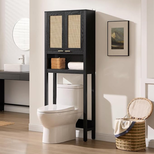 SICOTAS Over the Toilet Storage Cabinet, Rattan Door Bathroom Organizer | Freestanding Bathroom Organizer with Adjustable Shelf, Over Toilet Storage Cabinet for Bathroom, Laundry Room, dnd Restroom