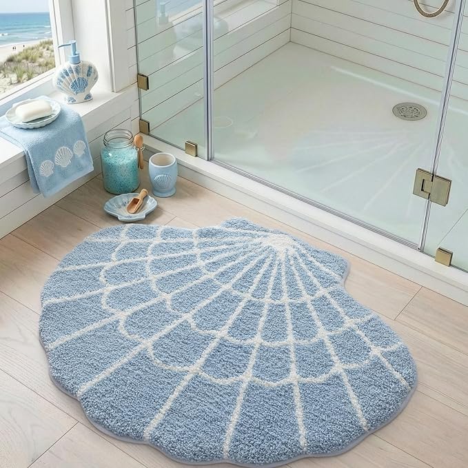 DEXI Cute Seashell Bath Mat, Coastal Scallop Bathroom Rug, 38x30 Blue | Soft and Absorbent Microfiber, Non Slip, Machine Washable Bathmat for Shower Floor, Bedroom, Kids Room, Home Decor