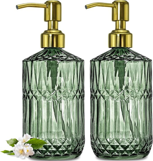 JASAI 2Pack 18Oz Green Glass Soap Dispenser with Gold Rust Proof Pump | Refillable Dish Soap Dispenser for Kitchen, Bathroom Soap Dispenser for Hand soap, Lotion, Body Wash, Liquid Soap