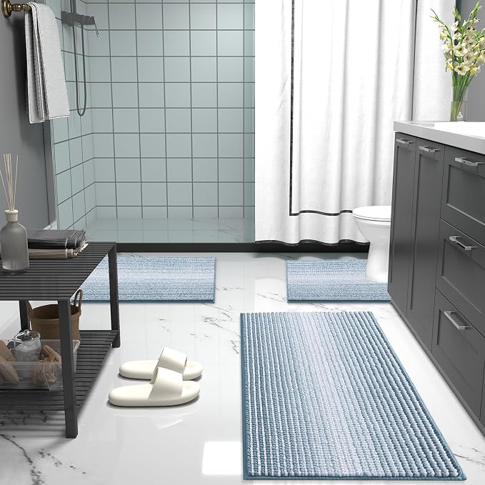 OLANLY Small Bathroom Rugs 24x16, Chenille Striped Bath Rugs, Airy Blue | Extra Soft Absorbent, Rubber Backing, Machine Wash Dry, Bath Mats for Bathroom Floor, Tub and Shower, Home Decor Accessories