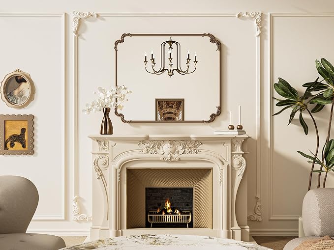 Baroque Gold Antique Brass Scroll Wall Mirror 42 x 36 Vintage Rectangle Framed Baroque French Rectangular Mirror for Mantle Fireplace Bathroom Living Room, Horizontal/Vertical