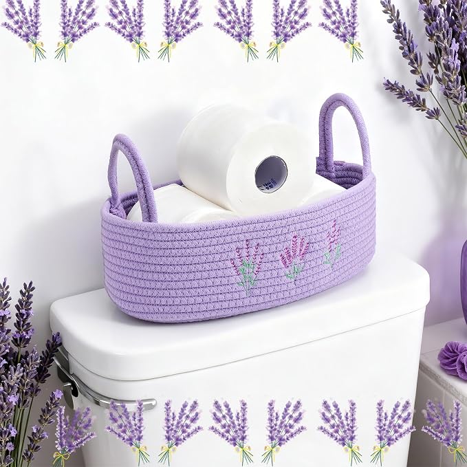 Vesici Purple Lavender Basket for Toilet Woven Cotton Rope Bathroom Decor | Lavender Bathroom Organizer, Boho Bathroom Countertop Decor, Nursery Toy Bin, 13x6x4 Inch, Embroidered Style