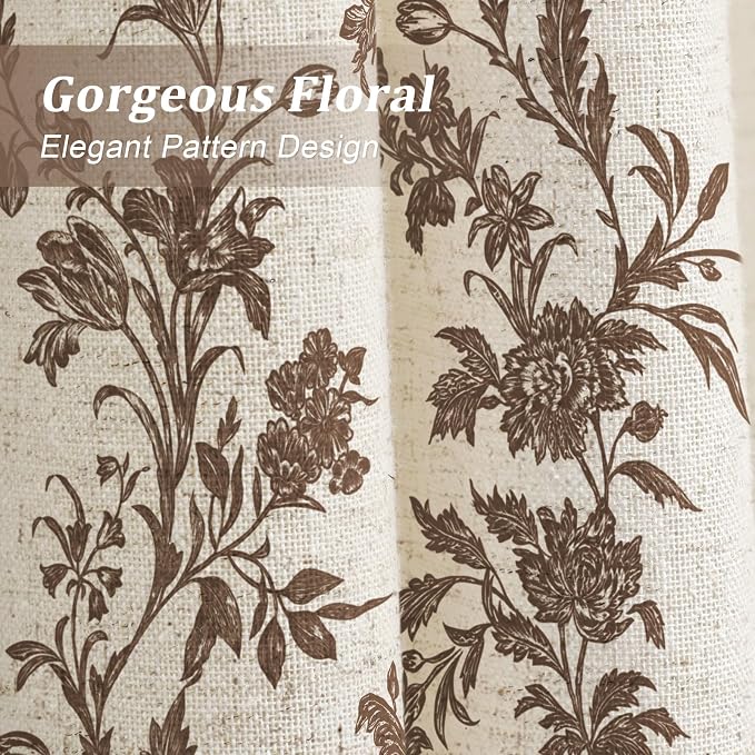 Brown Floral Shower Curtain,Vintage Linen Beige Cottagecore Shower Curtains for Bathroom, 72" W x 72" L
