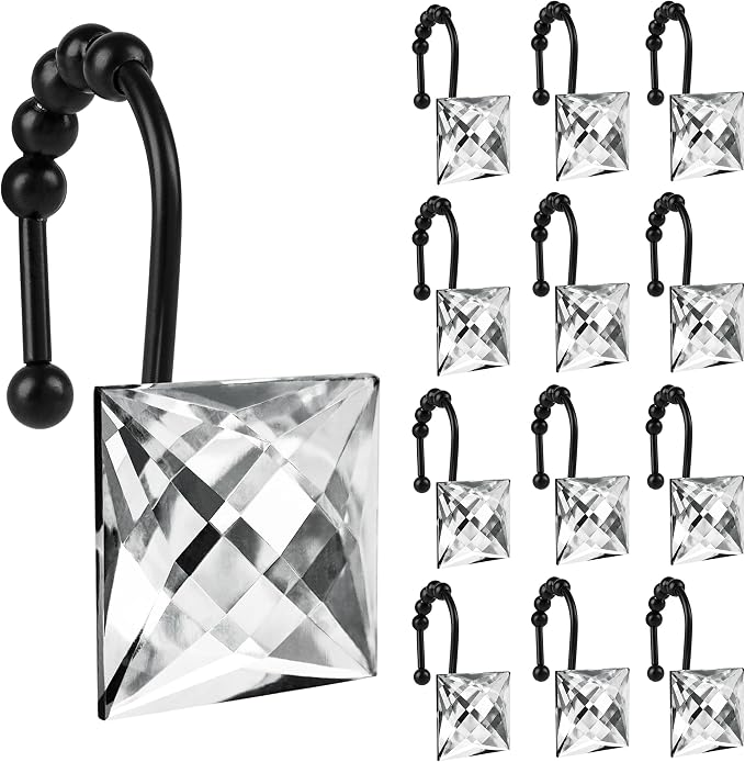 Sunlit Luxury Design Square Clear Diamond Crystal Gem Bling with Glide Balls Shower Curtain Hooks, Rust Proof Metal Rhinestones Glam Shower Curtain Rings with Black Hooks, Set of 12